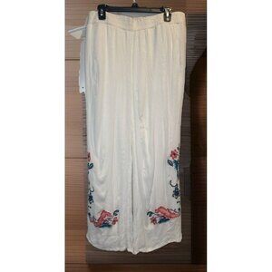 CURATIONS Womens White Guaze Embroidered Floral Palazzo Lined Pull On Pants Sz L